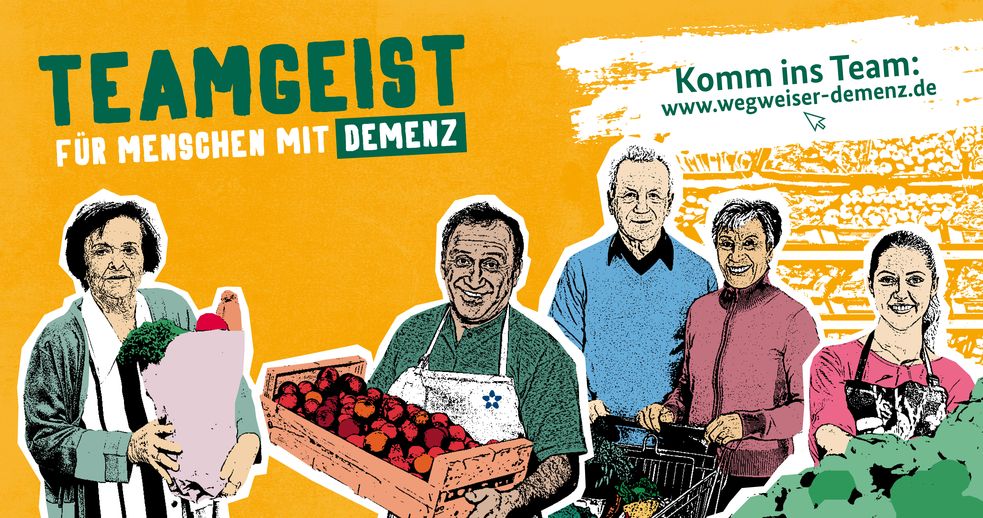 Plakat mit gezeichneten Personen und der Aufschrift Teamgeist für Menschen mit Demenz.
