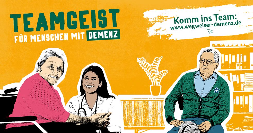 Plakat mit gezeichneten personen und der Aufschrift Teamgeist für Menschen mit Demenz.