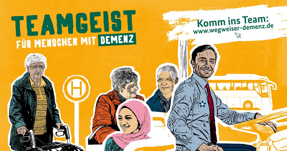 Plakat mit gezeichneten personen und der Aufschrift Teamgeist für Menschen mit Demenz.