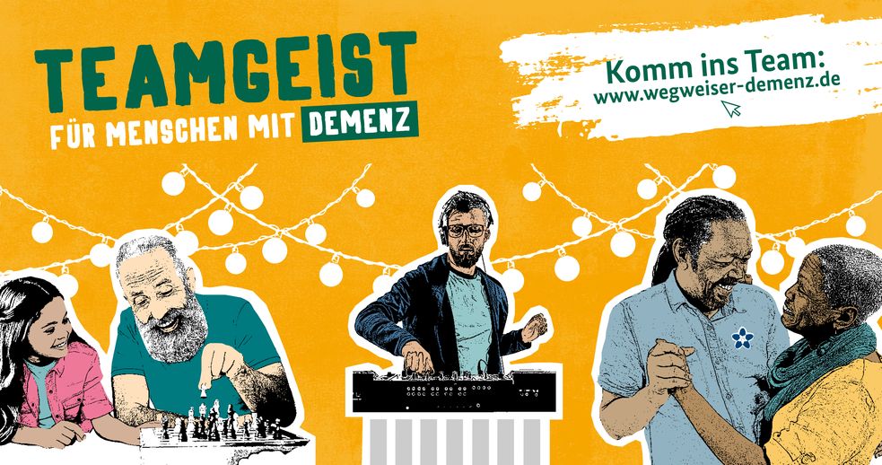 Plakat mit gezeichneten personen und der Aufschrift Teamgeist für Menschen mit Demenz.