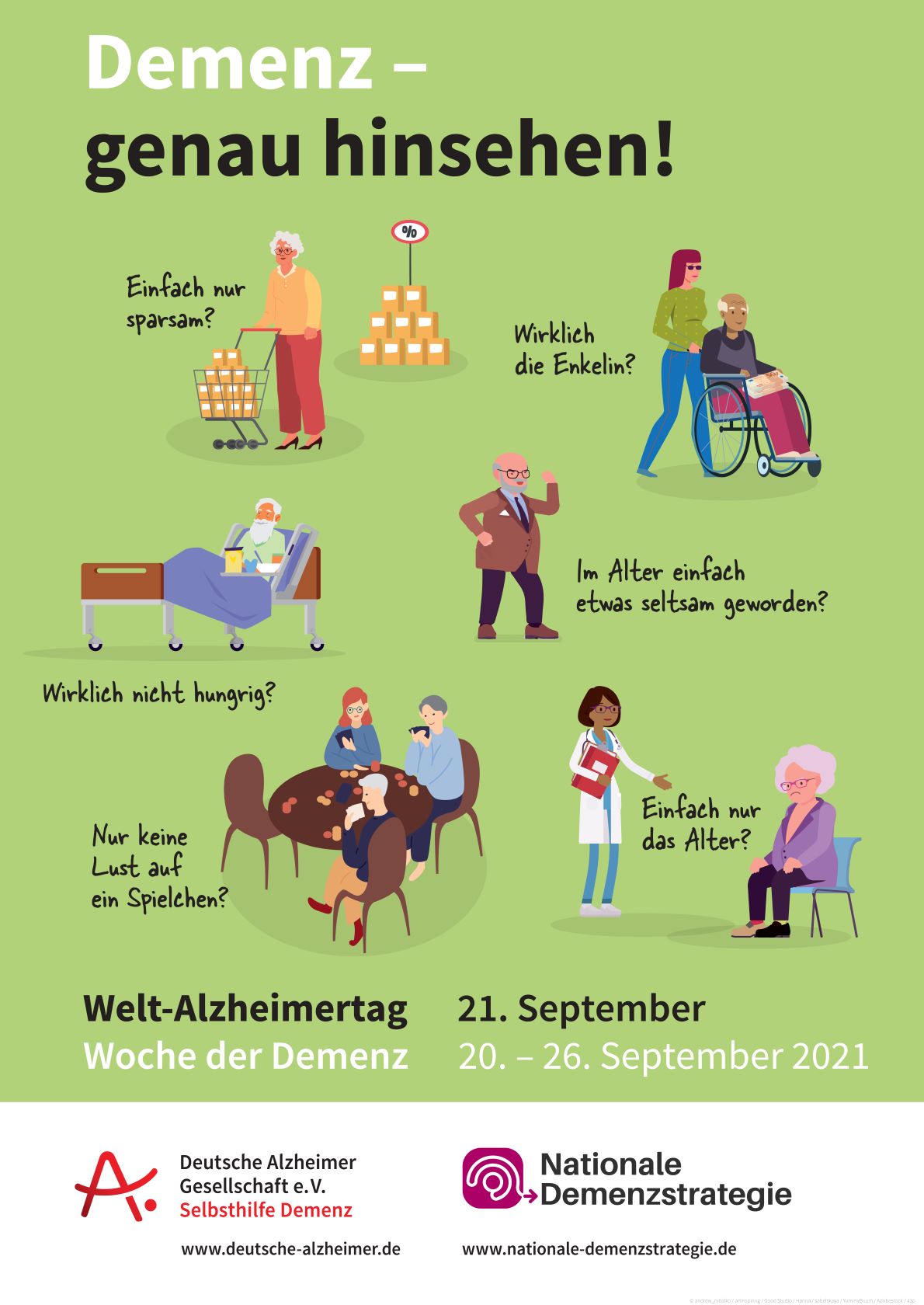 Plakat zum Welt-Alzheimertag 2021 mit Abbildungen zu Alltagssituationen