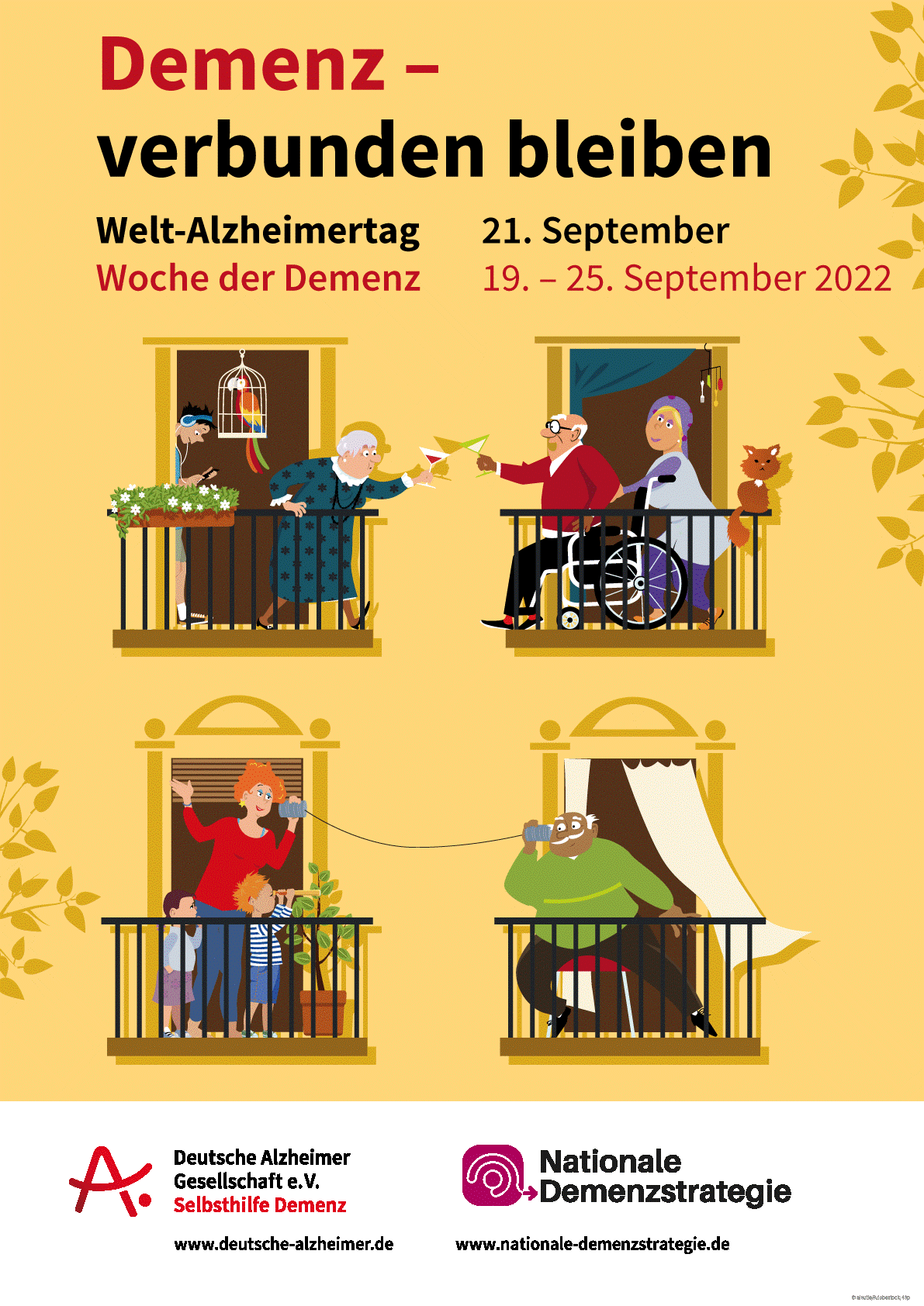 Das Bild zeigt mehrere Personen in einem Haus an und die sich über die Fenster unterhalten.