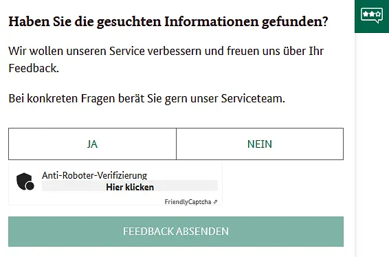 Button mit Frage "Haben Sie die gesuchten Informationen gefunden?".