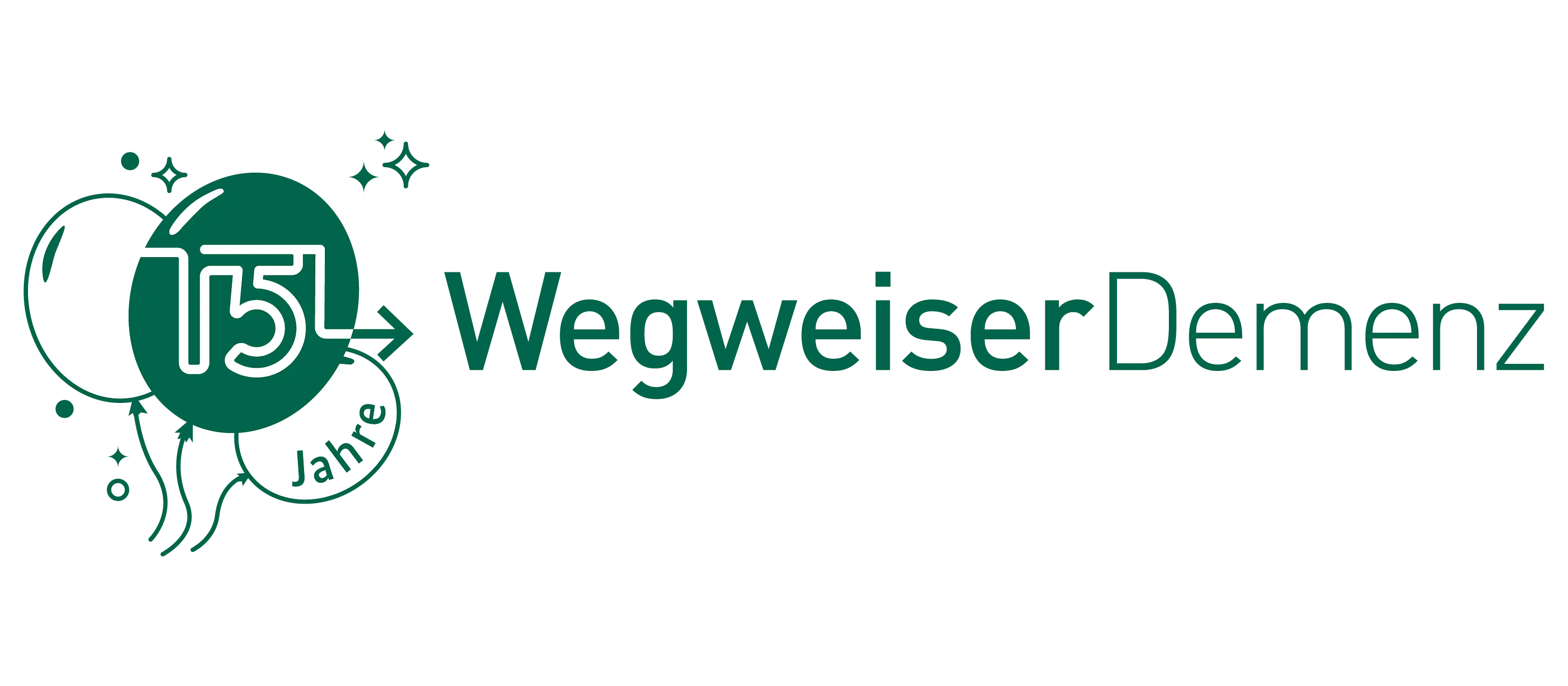 Logo des Wegweiser Demenz mit Luftballons, in der eine 15 steht.