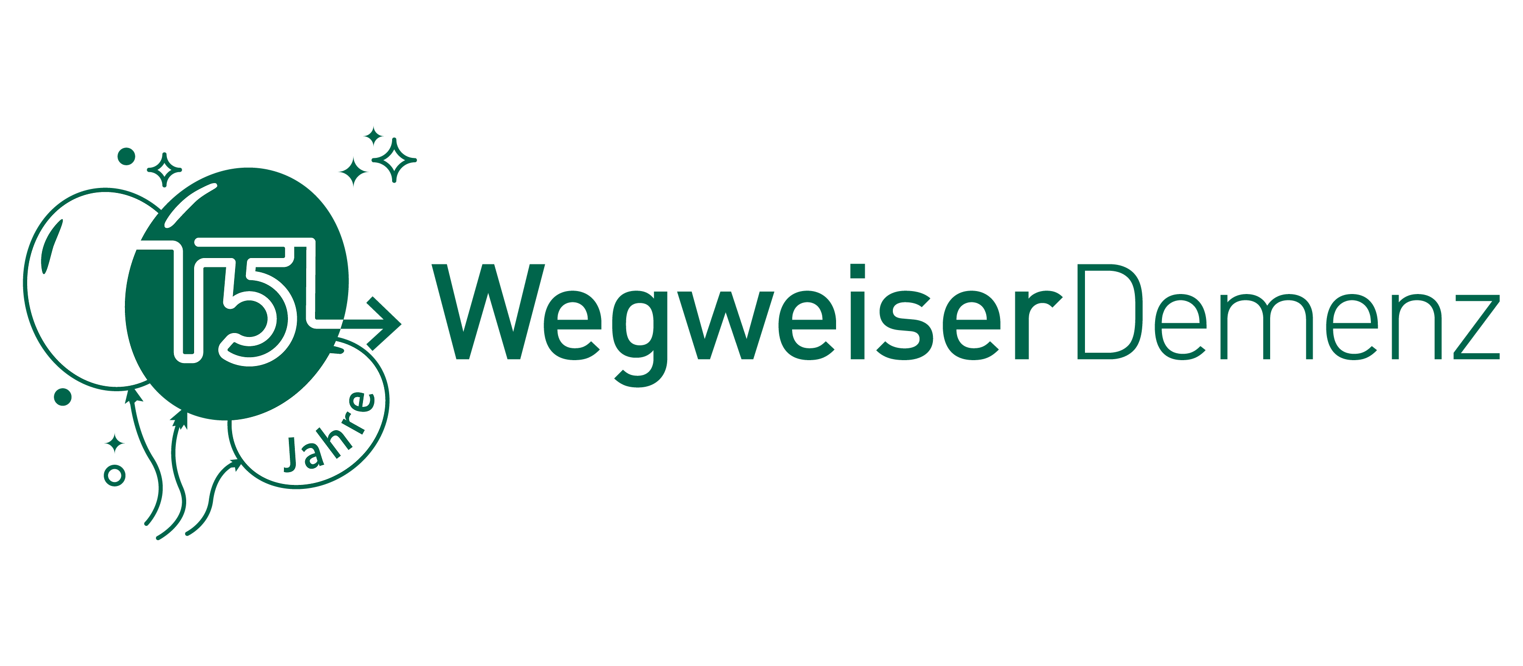 Logo des Wegweiser Demenz mit Luftballons, in der eine 15 steht.